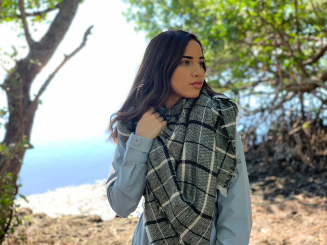 Black White Blanket Scarf, Plaid Blanket Scarf Bridesmaid, Oversized Scarf, Monogram Personalized Scarf