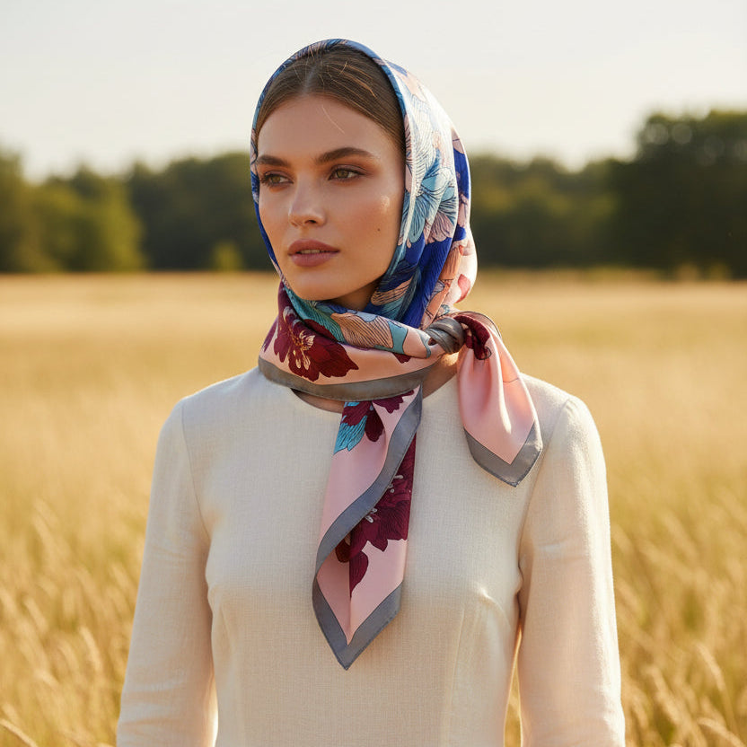 A square silk scarf with a colorful abstract pattern, featuring blue, pink, red, gray, and beige sections, draped on a white mannequin torso.