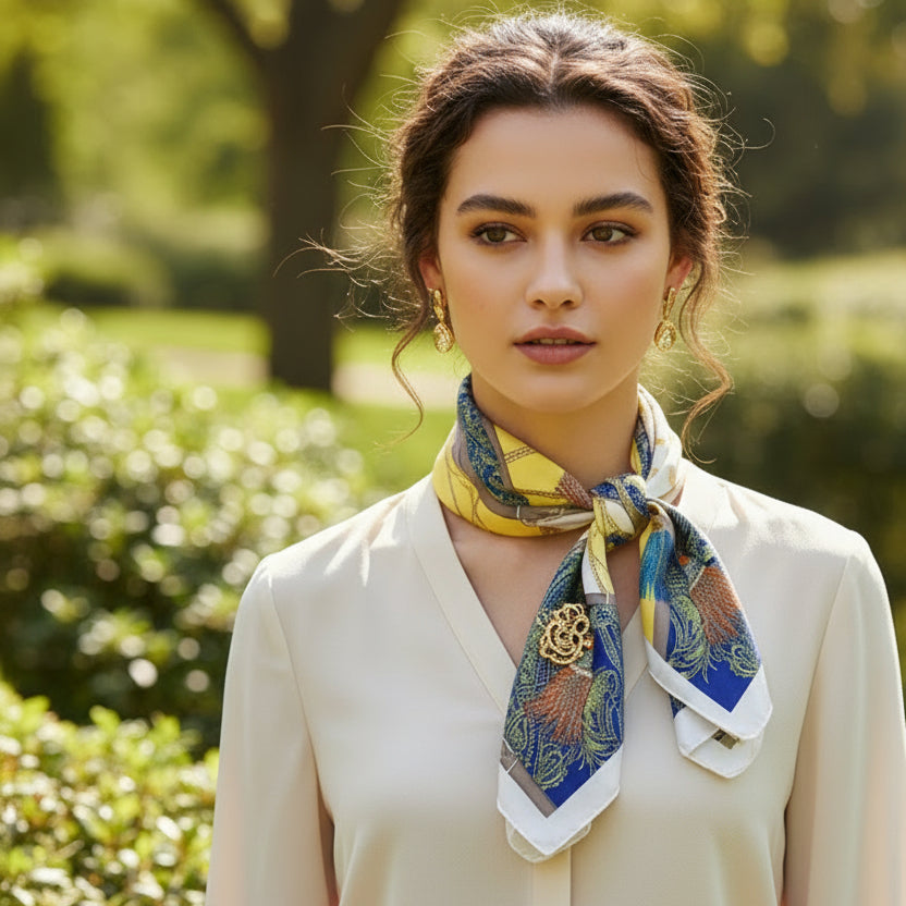 A yellow silky bandana scarf with a geometric and floral pattern, displayed in two different ways, one folded and one draped, on a white background.