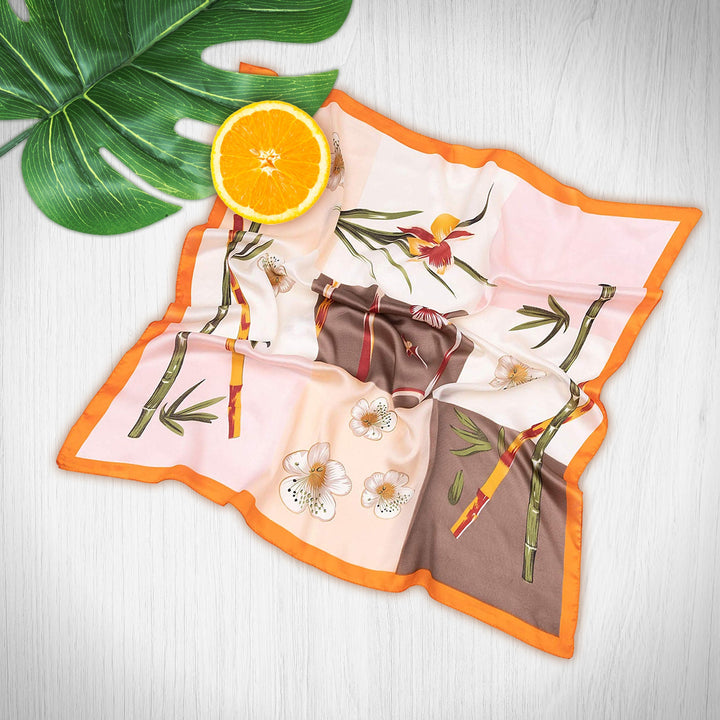 Floral Square Scarves / Orange Bandana / Brown Silk Head Neck Scarf / Women Scarves Handkerchief Scarf Floral Bandana Women Silk Hair Scarf - In The Bag Design