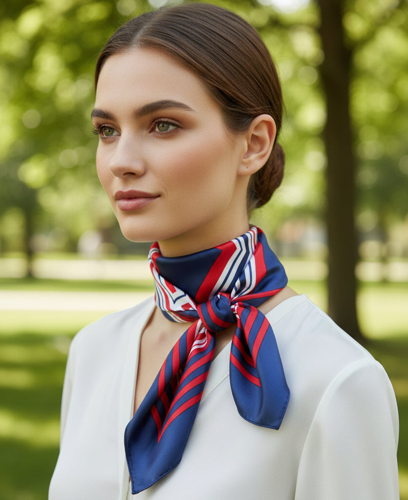 A woman outdoors wearing a navy blue silk scarf with red and white diagonal stripes tied around her neck, paired with a white blouse.