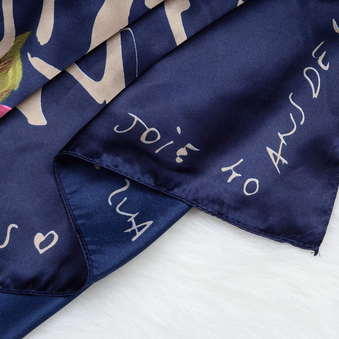 Black Silk Head Scarf Navy Silk Scarf for Hair Woman Large Square Scarf Floral Personalized Scarf Gift for Women Mothers Day Gift for Her - In The Bag Design