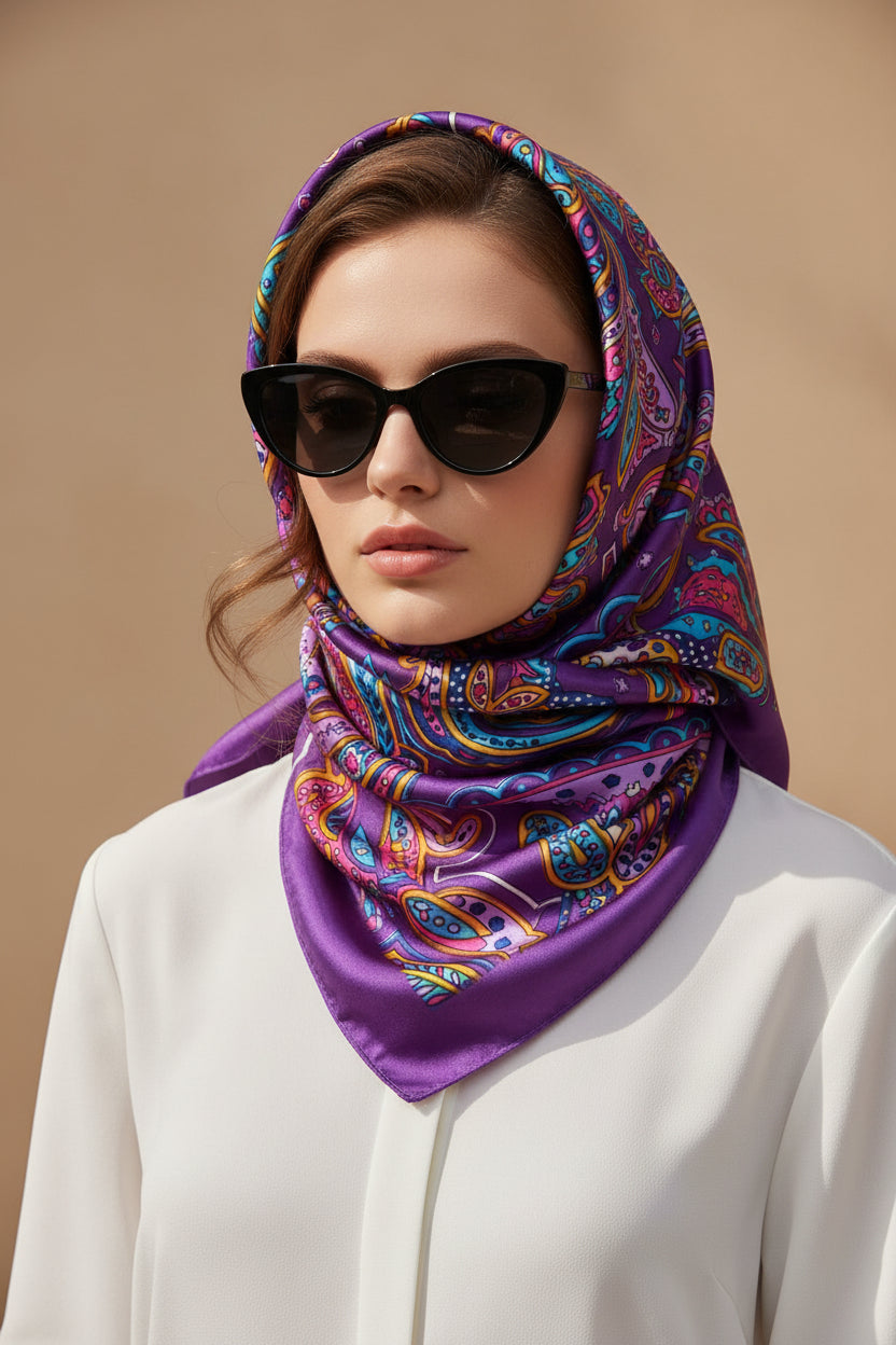 Purple Silk Hair Scarf, Silky Ponytail Scarf, Hair Scarf, 35" Square Scarf, Neck Scarf, Women Silk Scarf Personalized Scarf Mothers Day Gift - In The Bag Design