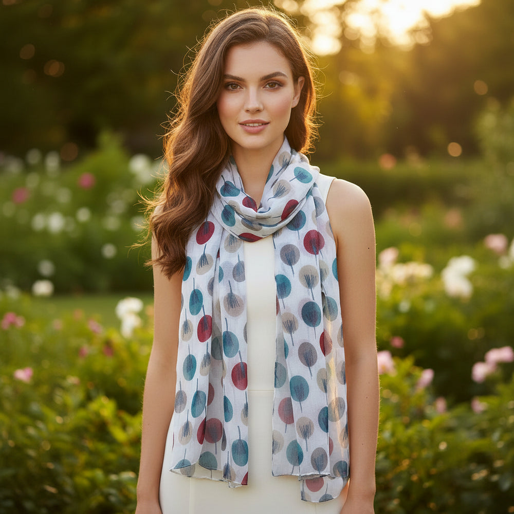 A woman wearing a lightweight white scarf with large multicolored polka dots in shades of blue, red, and gray, styled outdoors in a garden setting.