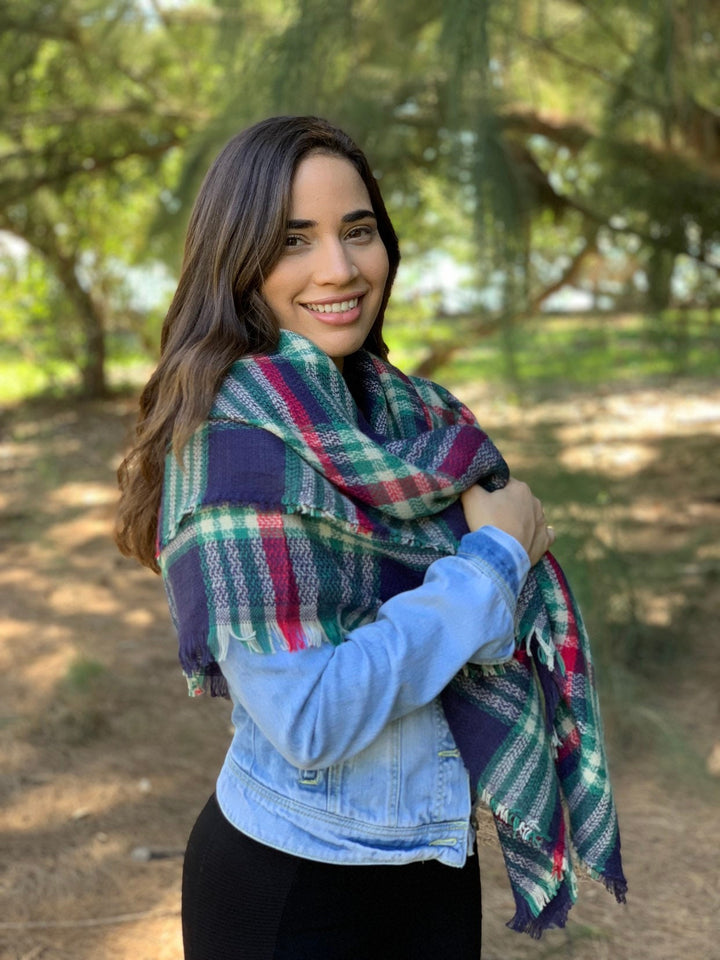 Navy & Persian Green and Hot Pink Blanket Scarf, Oversized Scarf, Personalized Gifts, Winter Scarf, Bridesmaid Favors, Plaid Shawl