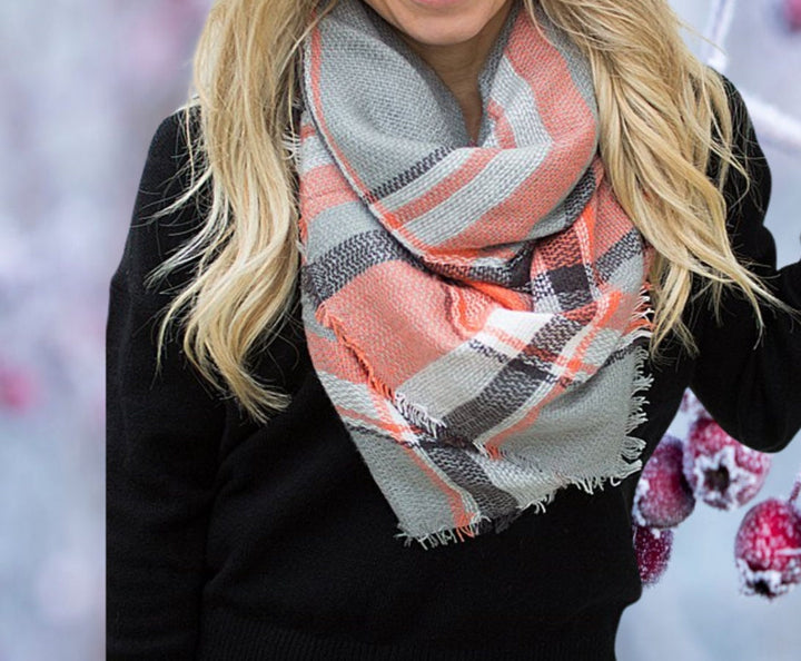 Coral & Gray Blanket Plaid Shawl, Personalized Scarf, Tartan Plaid Scarf, Monogrammed Blanket Shawl, Oversized Scarf, Bridesmaid Shawl