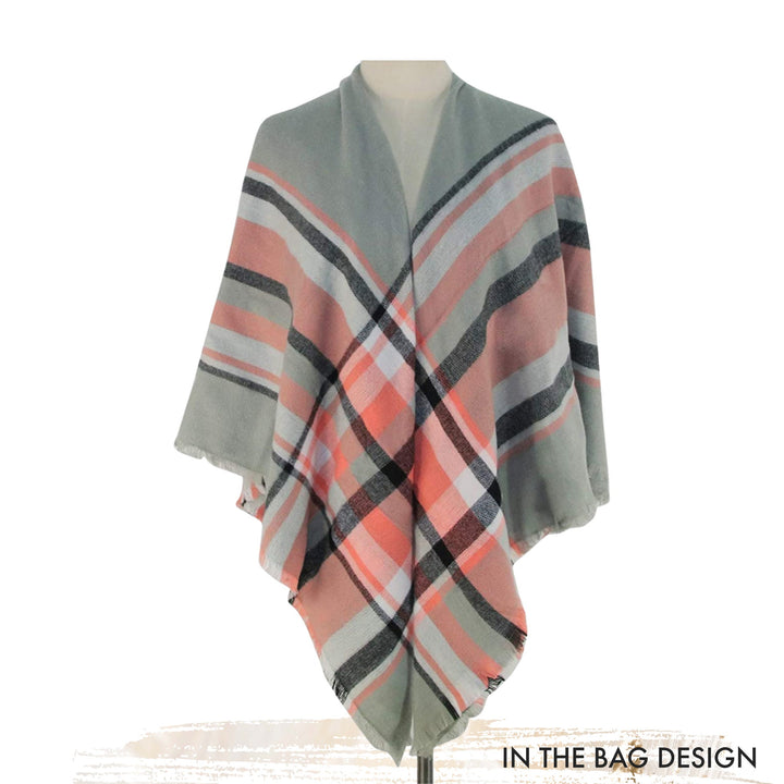 Coral & Gray Blanket Plaid Shawl, Personalized Scarf, Tartan Plaid Scarf, Monogrammed Blanket Shawl, Oversized Scarf, Bridesmaid Shawl