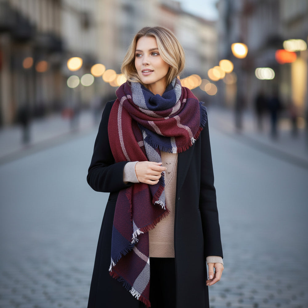 Maroon & Navy Blanket Scarf, Personalized Scarf, Tartan Plaid Scarf, Bridesmaid Shawl, Monogram Scarf, Oversized Blanket Scarf Bridesmaid - In The Bag Design