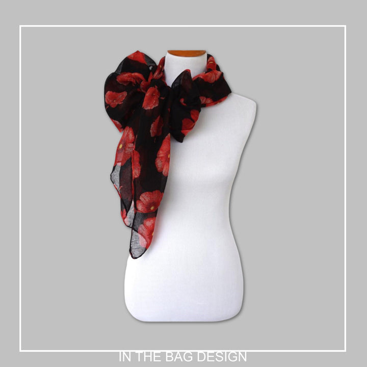 Black Floral Scarf Women's Scarf Shawl Wrap Personalized Gifts For Her Mothers Day Gift Summer Scarf Red Poppy Scarf Birthday Gift for Her - In The Bag Design