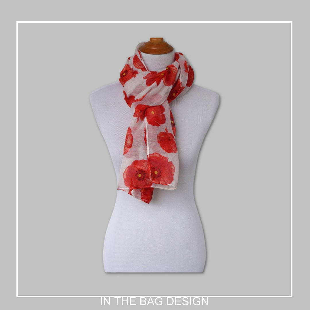 Floral Print Scarf White Red Scarf Poppy Women Scarves Fashion Scarf Mothers Day Gift Wrap Shawl Women's Scarves Personalized Gift for Mom - In The Bag Design