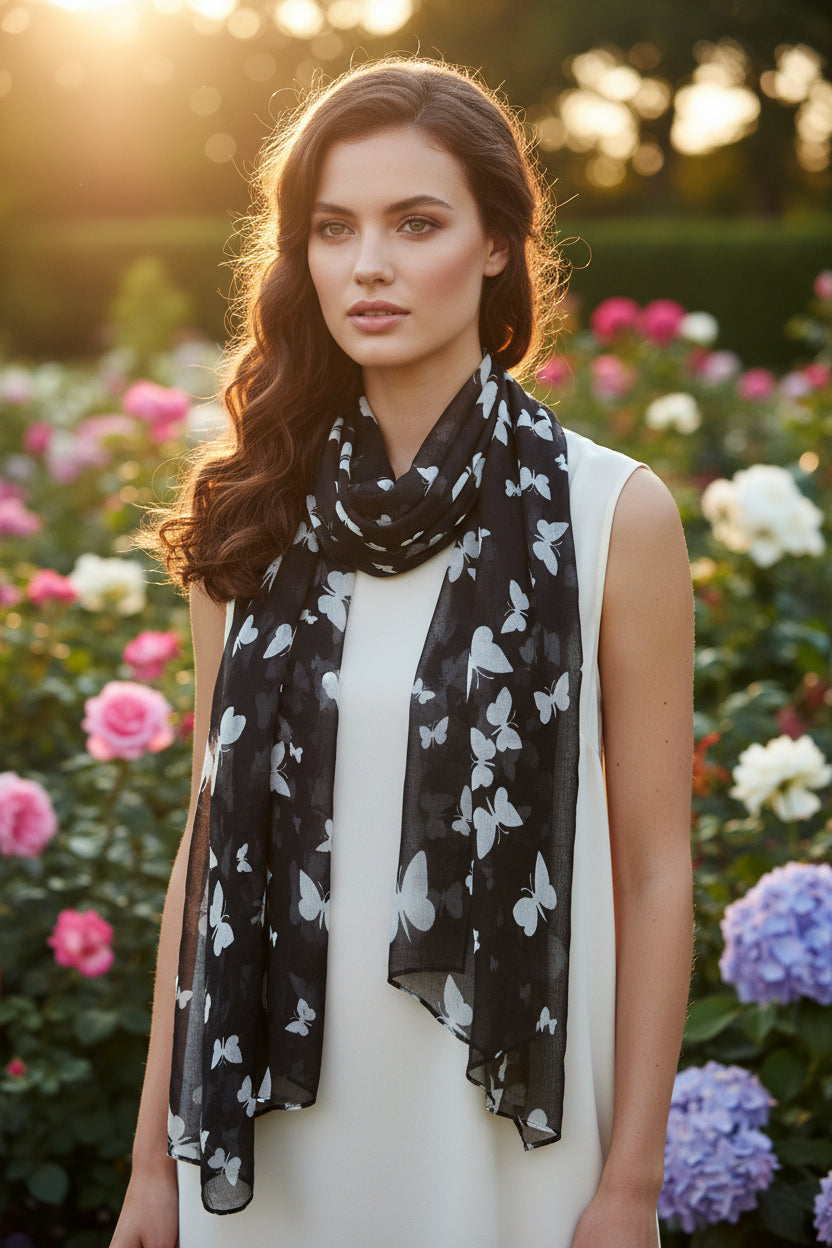 Woman wearing a black butterfly-patterned scarf in a garden setting