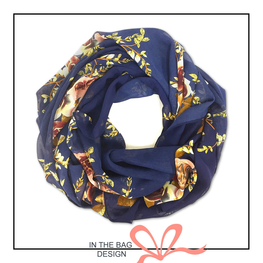 Navy Floral Print Scarf / Women Scarves / Silky Personalized Scarf / Soft Chiffon Long Wrap Scarf Shawl / Infinity Scarf Loop / Gift For Her