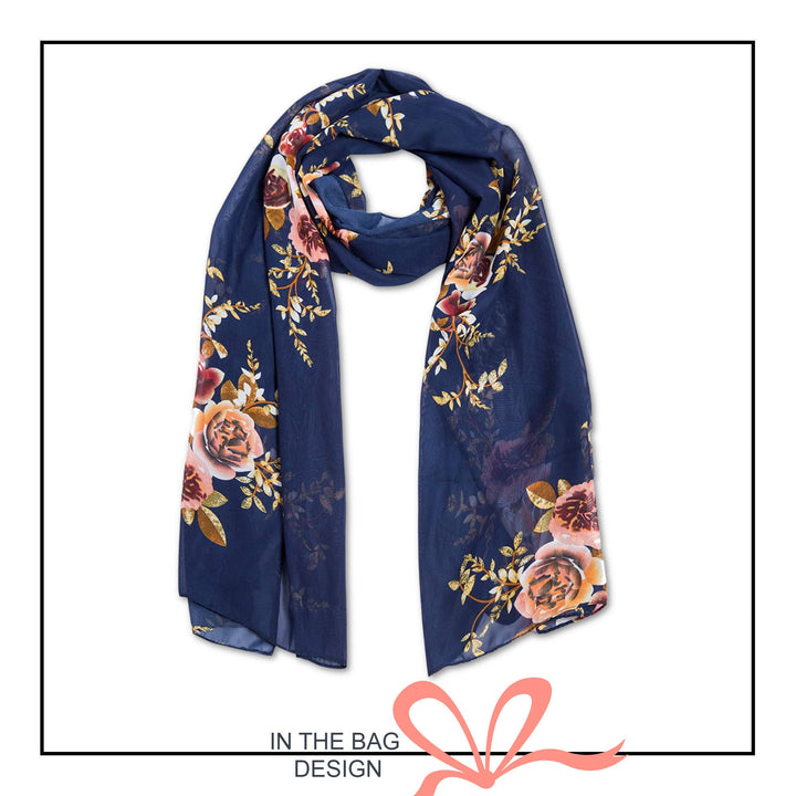 Navy Floral Print Scarf / Women Scarves / Silky Personalized Scarf / Soft Chiffon Long Wrap Scarf Shawl / Infinity Scarf Loop / Gift For Her