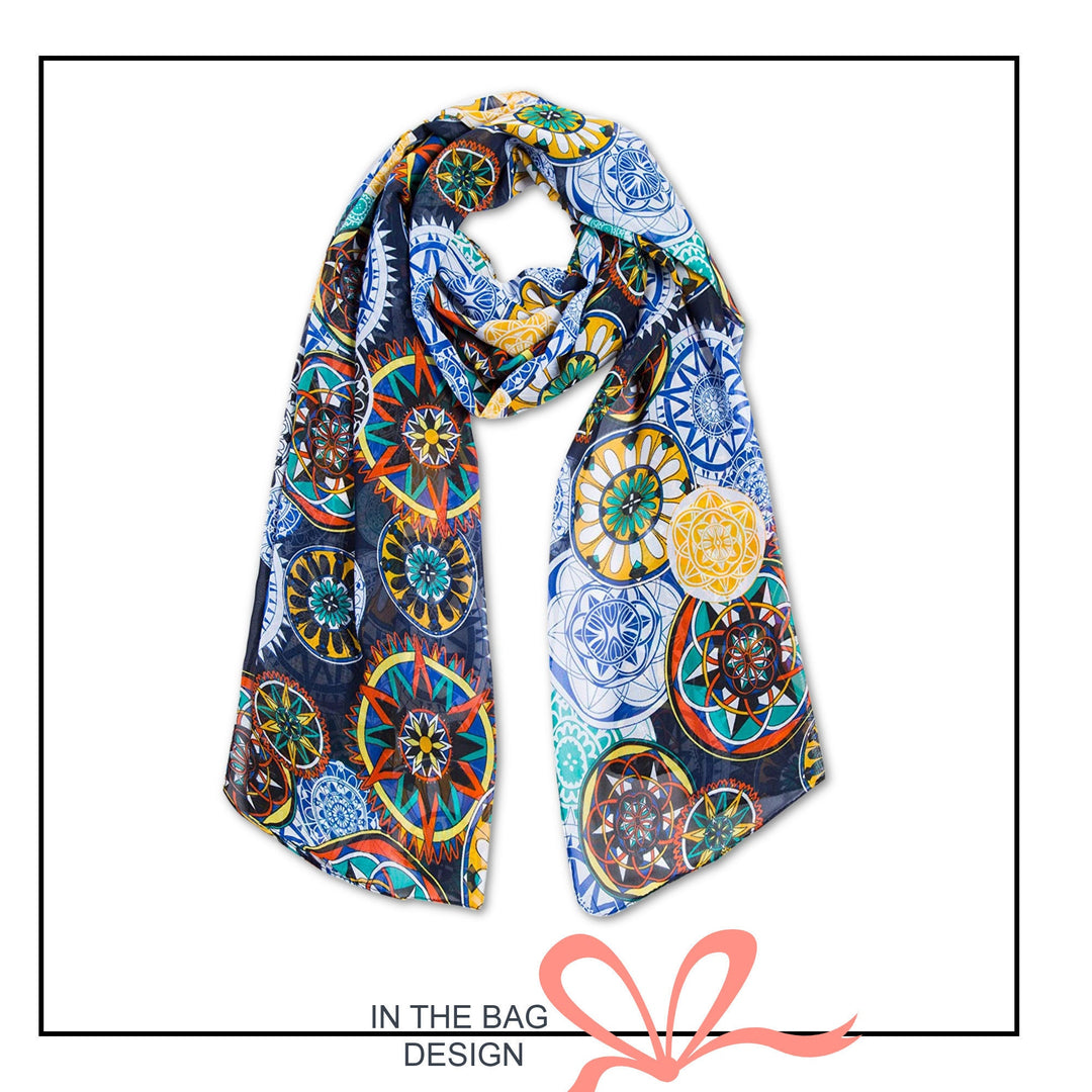 Silky Navy Mandala Print Scarf Women Scarves / Personalized Scarf / Soft Chiffon Long Wrap Scarf Shawl / Infinity Scarf Loop / Gift For Her