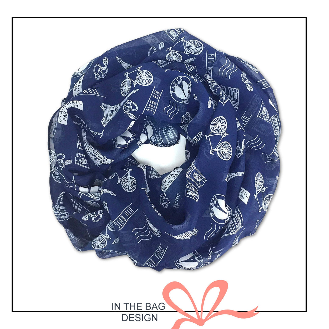 Navy Paris Print Scarf / Women Scarves / Personalized Scarf / Soft Chiffon Long Wrap Scarf Shawl / Infinity Scarf Loop / Gifts For Her - In The Bag Design