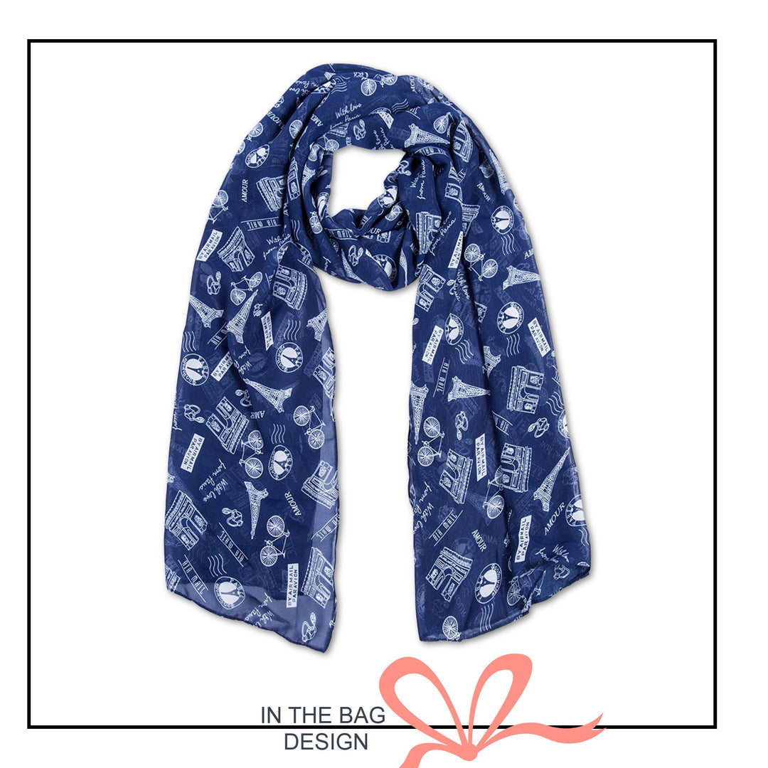 Navy Paris Print Scarf / Women Scarves / Personalized Scarf / Soft Chiffon Long Wrap Scarf Shawl / Infinity Scarf Loop / Gifts For Her - In The Bag Design