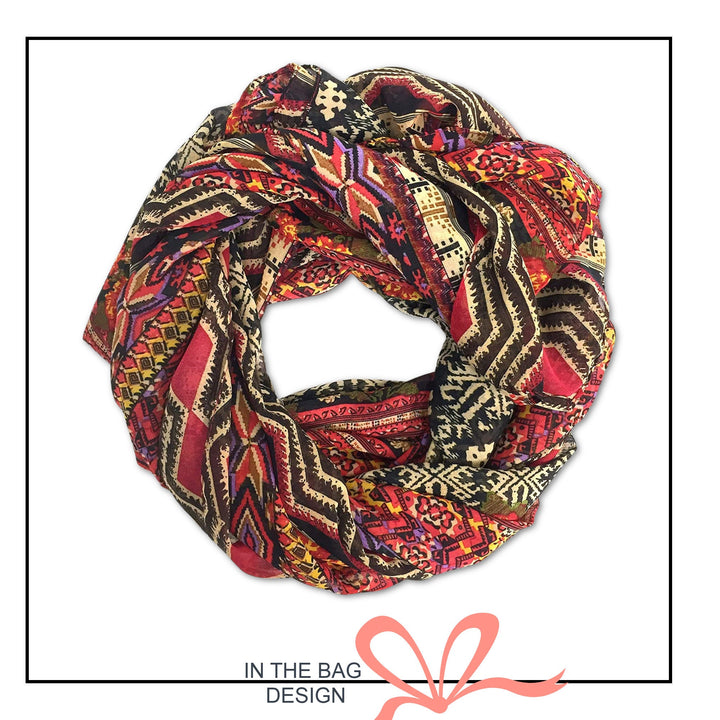 Red Aztec Print Scarf / Women Scarves / Personalized Scarf / Soft Chiffon Long Wrap Scarf Shawl / Infinity Scarf Loop / Gifts For Her