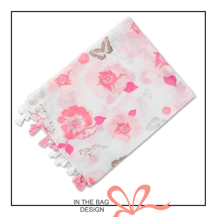 Floral & Butterfly Print Scarf Women's Scarves Personalized Gifts For Women Shawl Wrap White and Pink Scarf Mothers Day Gift for Her - In The Bag Design