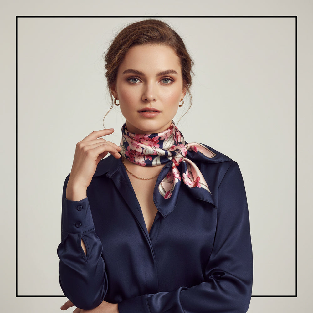 A woman wearing a navy satin blouse and a floral silk neck scarf tied at the collar, posed against a light gray studio background with a thin black border.