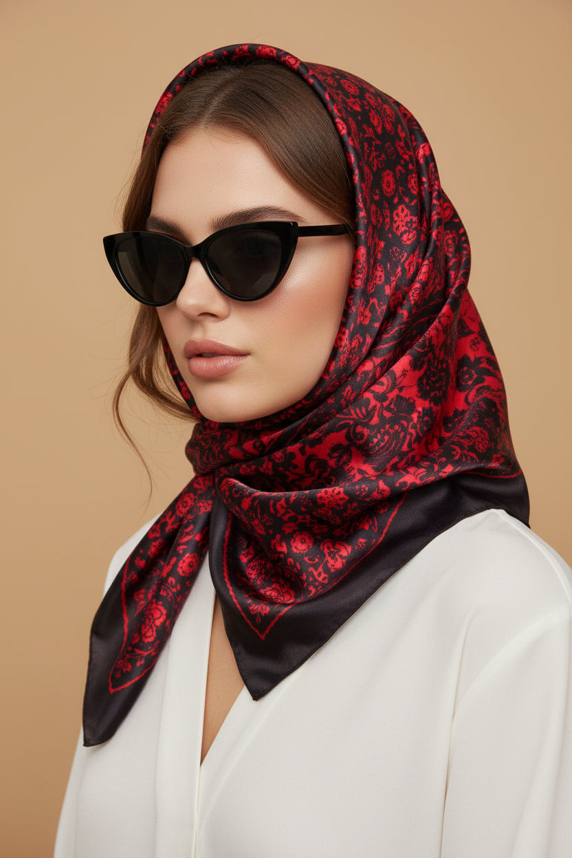 Red & Black Large Square Scarf Silk Head Scarf Woman Silk Scarf Personalized Scarf Large Satin Silky Hair Scarf Head Wrap Mothers Day Gift - In The Bag Design