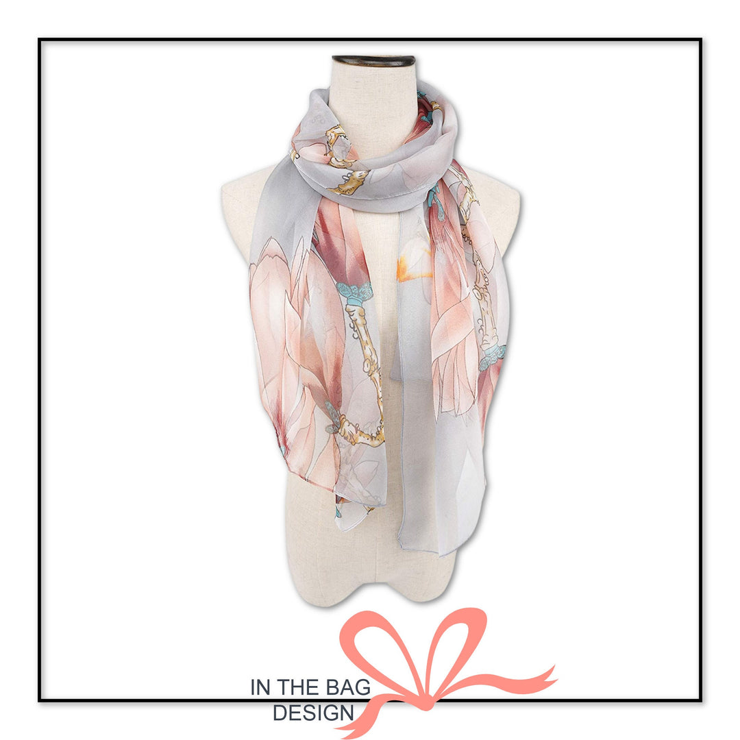 Silky Gray Pink Floral Print Scarf / Summer Scarf Women / Infinity Scarves Loop / Personalized Gifts For Women / Shawl Wrap Scarf Cover Up - In The Bag Design