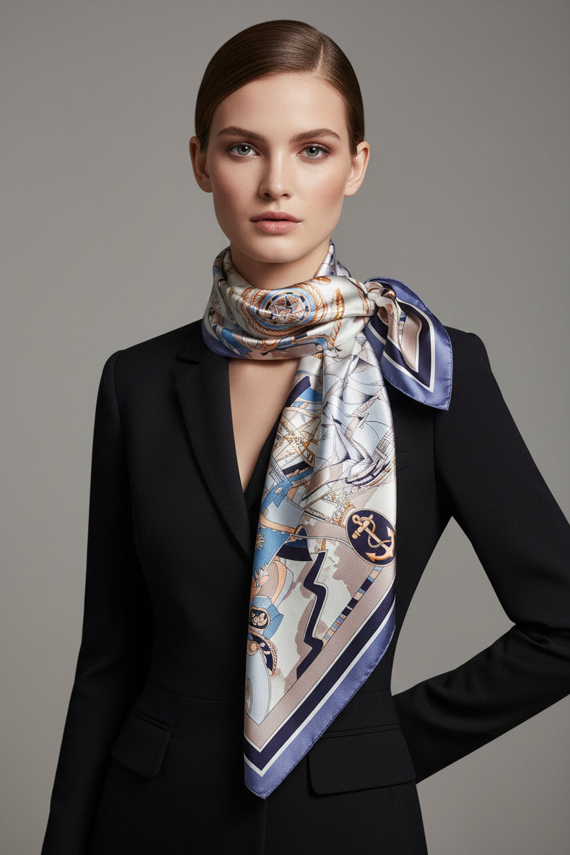 A woman wearing a black blazer and a patterned silk scarf with nautical ship and anchor motifs in shades of blue, beige, and white, posed against a neutral gray studio background.