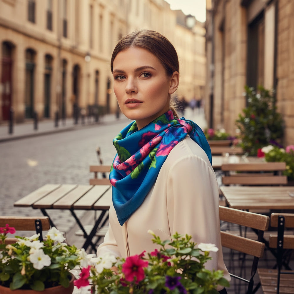 A woman wearing a cream-colored blouse and a vibrant blue scarf with pink, green, and purple floral patterns, standing in an outdoor urban setting with cafe tables and flowers.