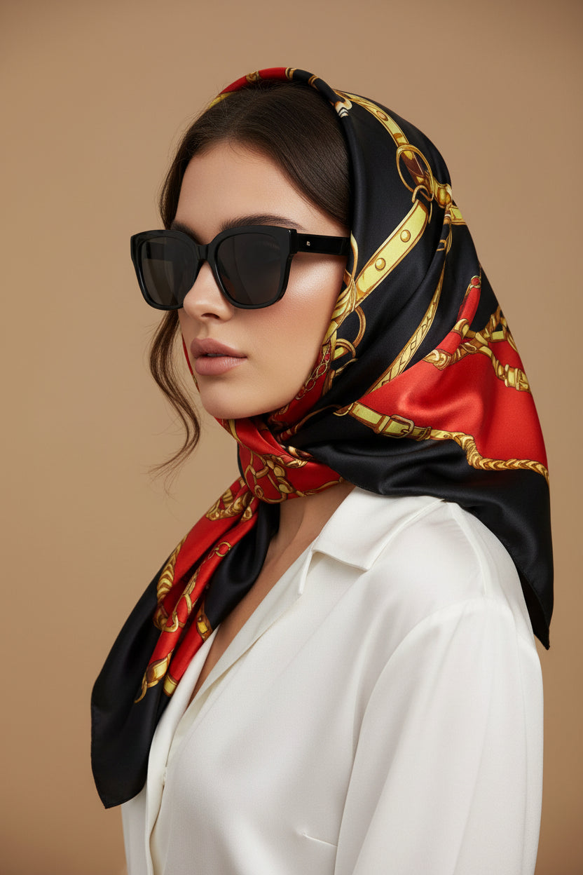 A woman in profile wearing a black silk scarf with a red and gold chain-link pattern, black sunglasses, and a white collared shirt against a solid beige background.