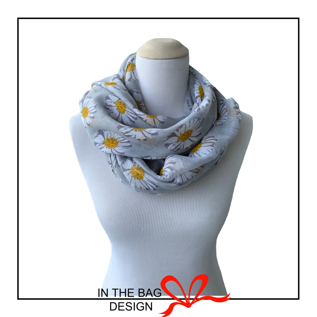 Gray Floral Print Scarf Daisy Print Scarf Light Gray Scarf Women Scarves Infinity Loop Scarf Personalized Gifts For Women Mothers Day Gift