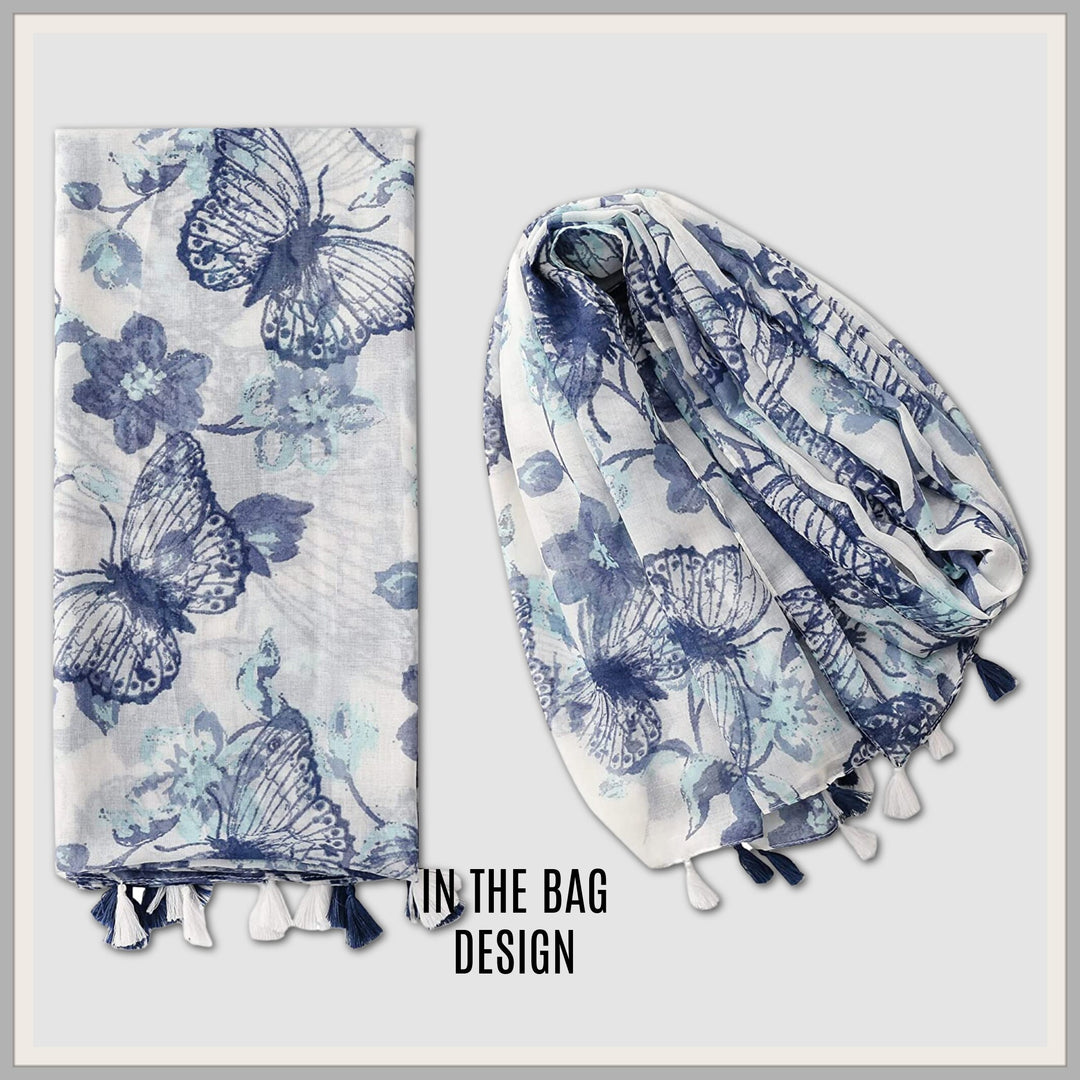 Butterfly Print Summer Scarf Blue and White Personalized Gift Wrap Shawl Soft Women Scarves  Lightweight Soft Long Scarf Mothers Day Gift - In The Bag Design