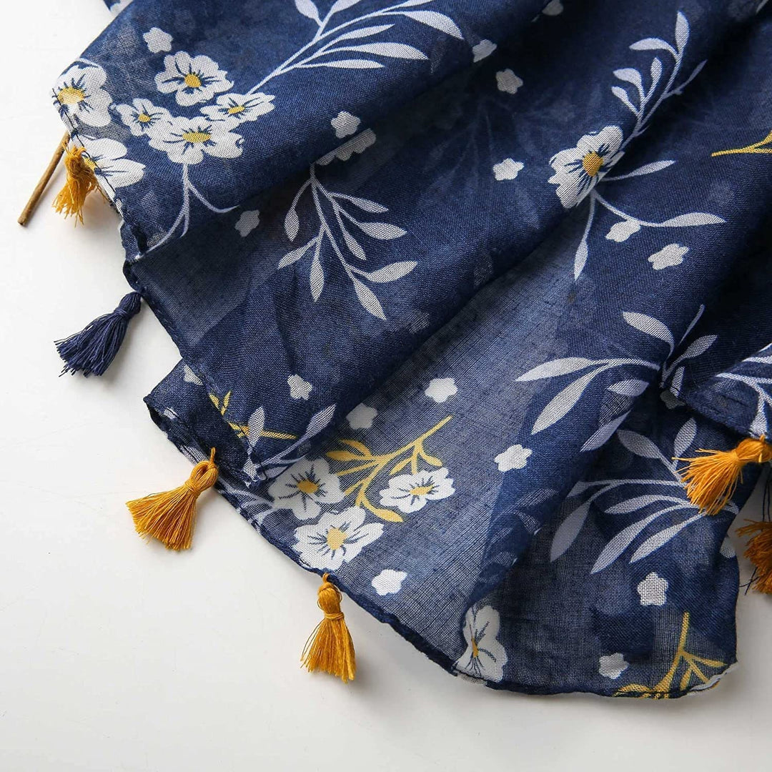 Navy Floral Scarf Blue Summer Scarf Lightweight Tassel Women Scarf Handmade Long Scarf Mothers Day Gift for Women Personalized Gift for Her