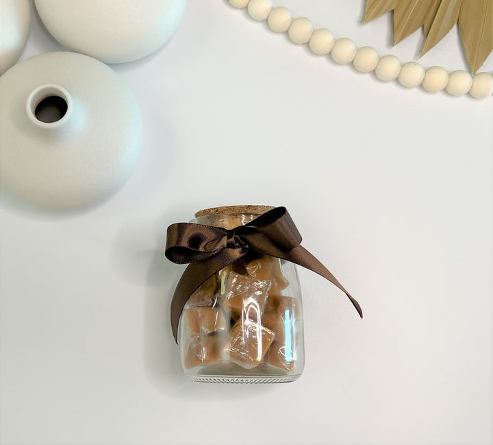 7 oz Glass Favor Jars with Cork Lids filed with Vanilla Caramels Bachelorette Party Favor Mothers Day Gift