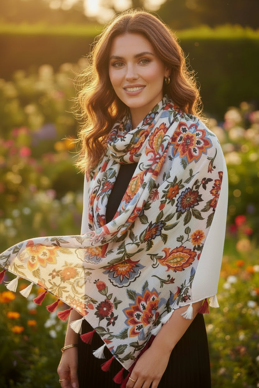 A woman outdoors in a sunlit garden wearing a white shawl with a colorful floral print and tassel trim.