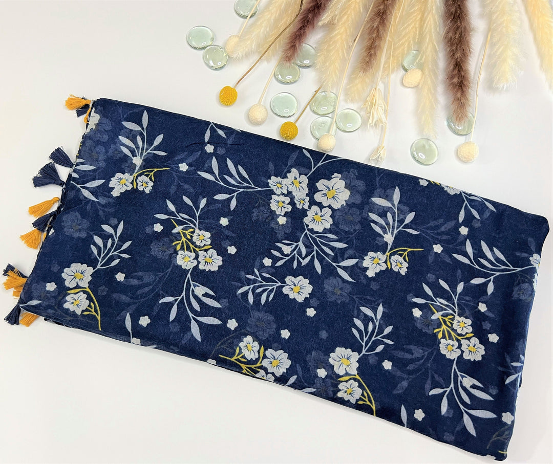 Navy Floral Scarf Blue Summer Scarf Lightweight Tassel Women Scarf Handmade Long Scarf Mothers Day Gift for Women Personalized Gift for Her