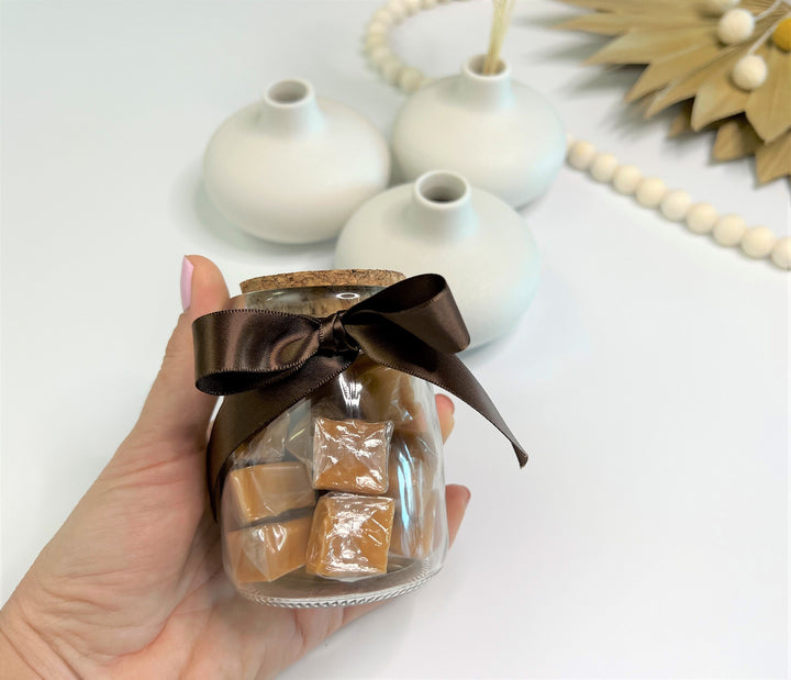 7 oz Glass Favor Jars with Cork Lids filed with Vanilla Caramels Bachelorette Party Favor Mothers Day Gift