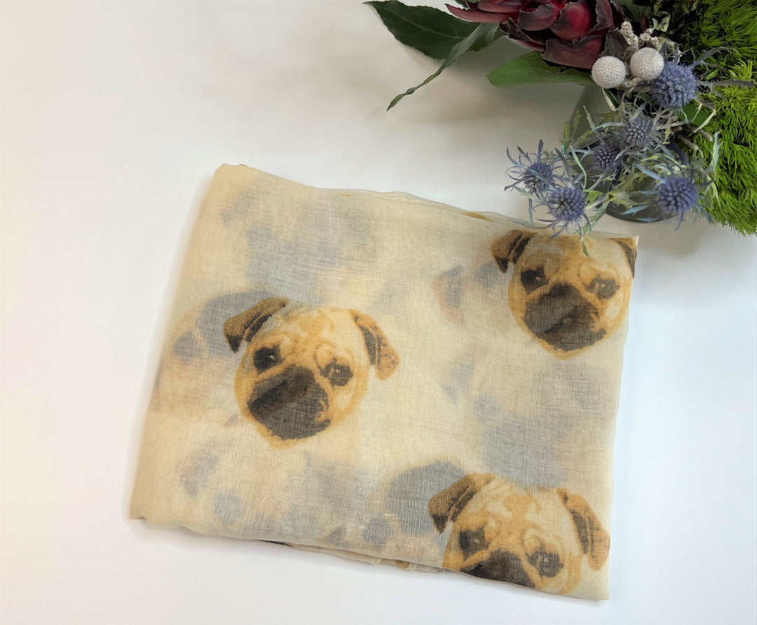 Beige Pug Print Scarf Dog Print Scarf Personalized Gift Summer Scarf Wrap Shawl Pug Gift Mothers Day Gift for Her Birthday Gifts for Her