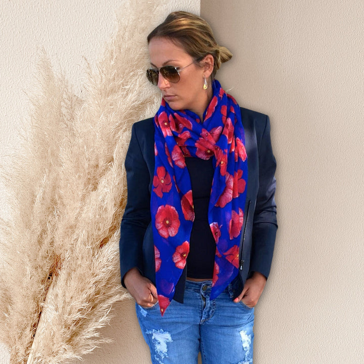 Blue Scarf in Box Women Scarves Floral Print Scarf Red Poppy Women's Personalized Gift For Women Shawl Wrap Large Scarf Cover Up