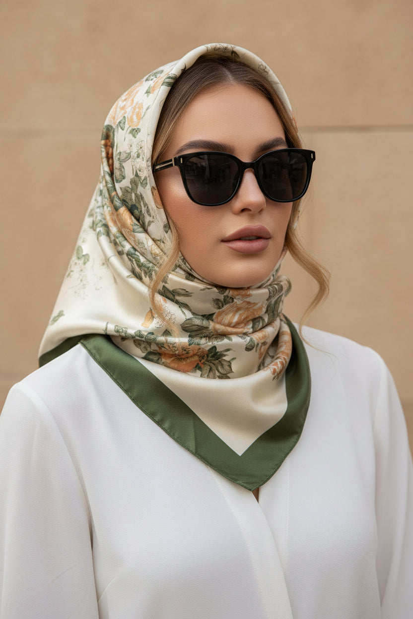 A woman wearing a cream-colored silk-like hijab with a green and beige floral pattern and a solid green border, styled with black sunglasses and a white top against a beige wall.