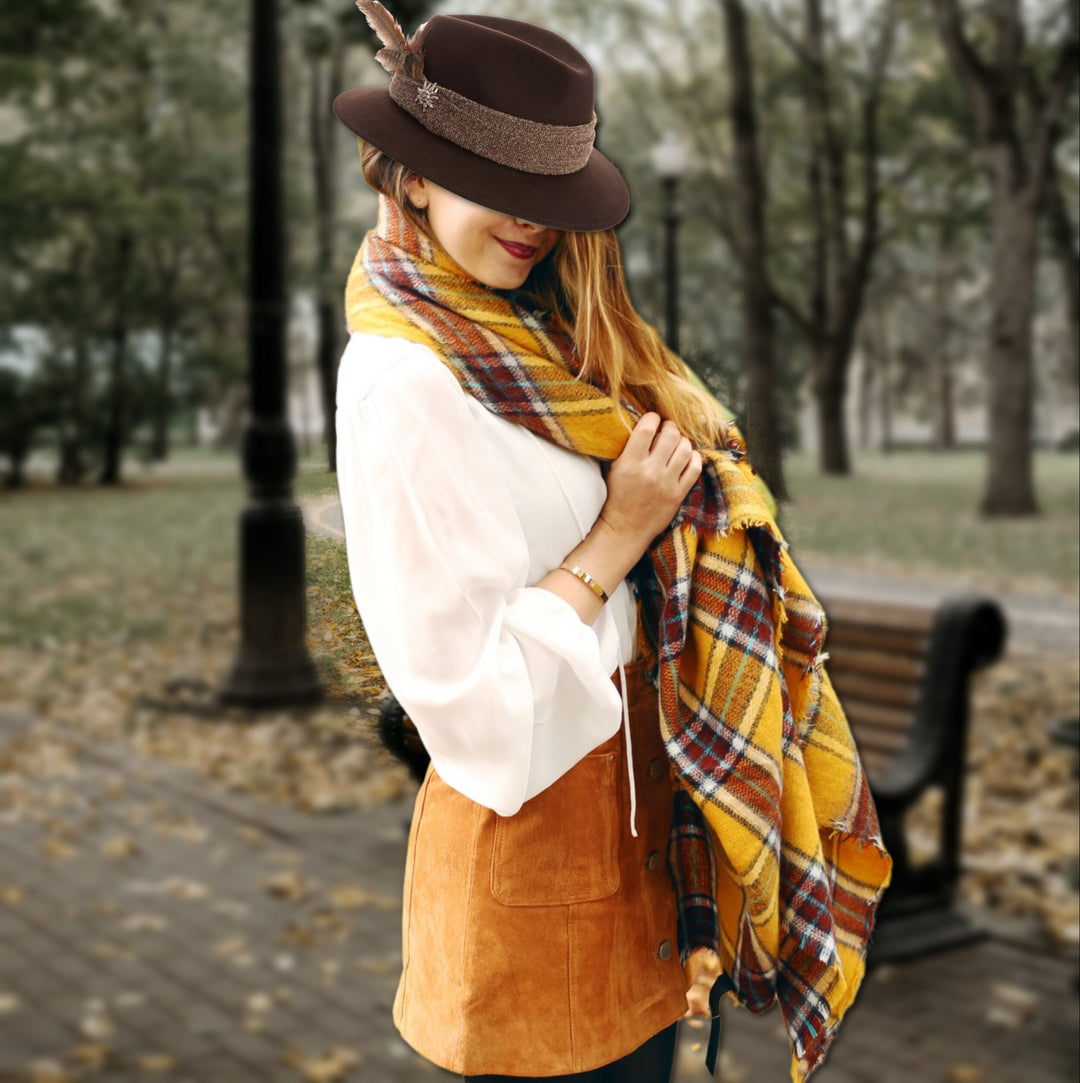 Mustard Plaid Blanket Scarf, Plaid Shawl, Tartan Scarf, Oversized