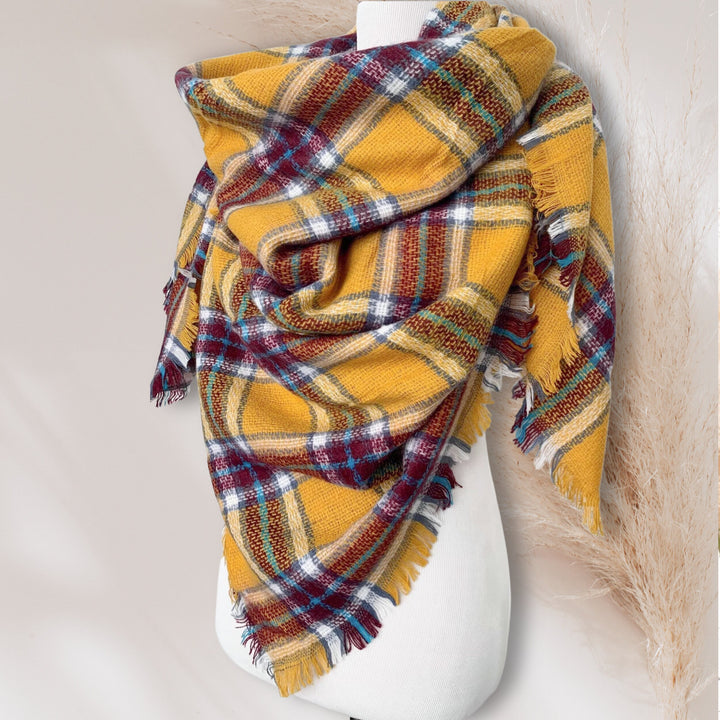 Mustard Plaid Blanket Scarf, Plaid Shawl, Tartan Scarf, Oversized Scarf, Personalized Scarf, Bridesmaid Gifts, Monogram Scarf, Mom Gift