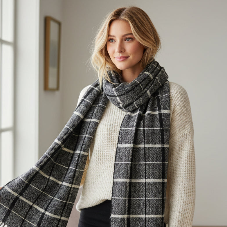 A woman outdoors wearing a black and white plaid blanket scarf with fringe ends, smiling while holding the scarf around her neck.