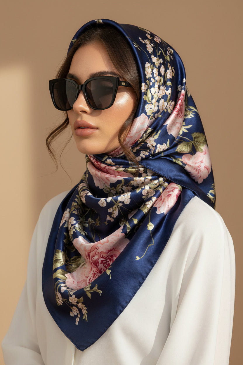 Navy Large Scarf Silk Head Scarf Silk Scarf for Hair Woman Silk Scarf Large Satin Silky Hair Scarf Satin Head Wrap Personalized Scarf - In The Bag Design