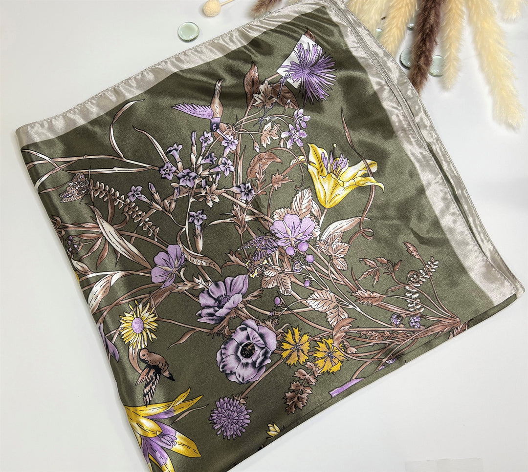 Floral Darkest Gray Scarf Large Satin Scarf Silky Scarf Woman Silk Scarf Hair Scarf Personalized Gifts for Women Mothers Day Gift for Her - In The Bag Design