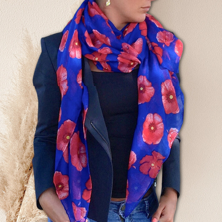 Blue Scarf in Box Women Scarves Floral Print Scarf Red Poppy Women's Personalized Gift For Women Shawl Wrap Large Scarf Cover Up