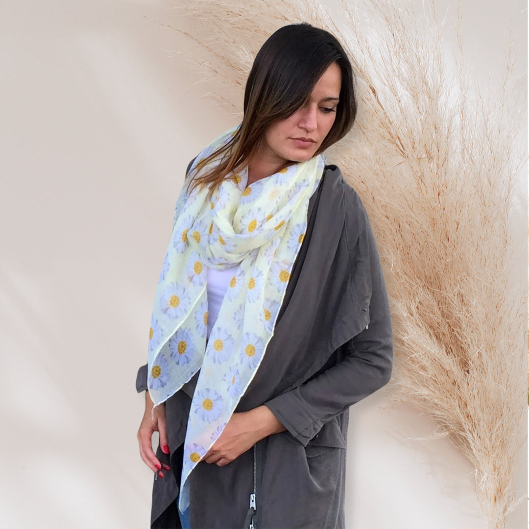 Gray Floral Print Scarf Daisy Print Scarf Light Gray Scarf Women Scarves Infinity Loop Scarf Personalized Gifts For Women Mothers Day Gift