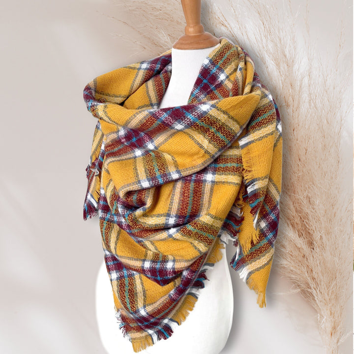 Mustard Plaid Blanket Scarf, Plaid Shawl, Tartan Scarf, Oversized Scarf, Personalized Scarf, Bridesmaid Gifts, Monogram Scarf, Mom Gift