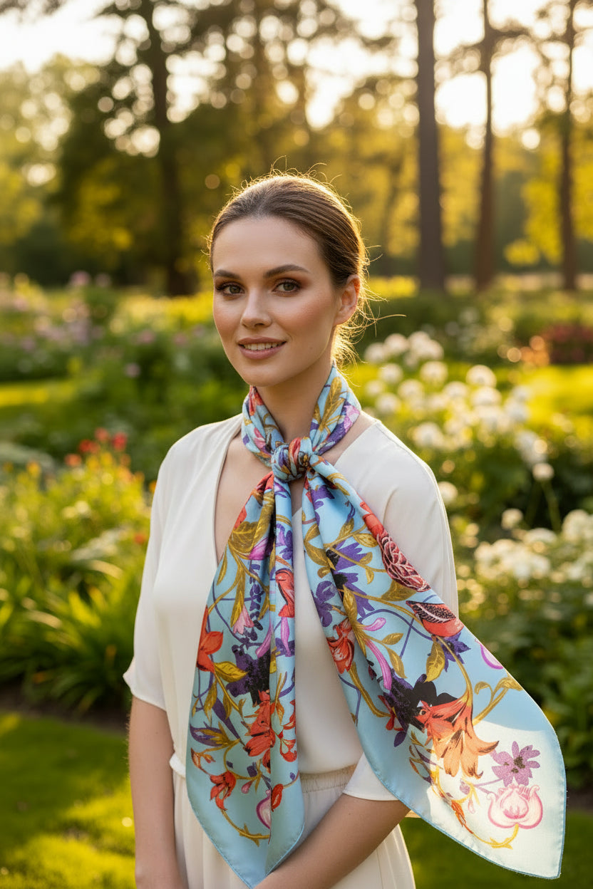 A woman wearing a cream-colored dress and a light blue silk scarf with a vibrant multicolor floral print, standing in a sunlit garden.