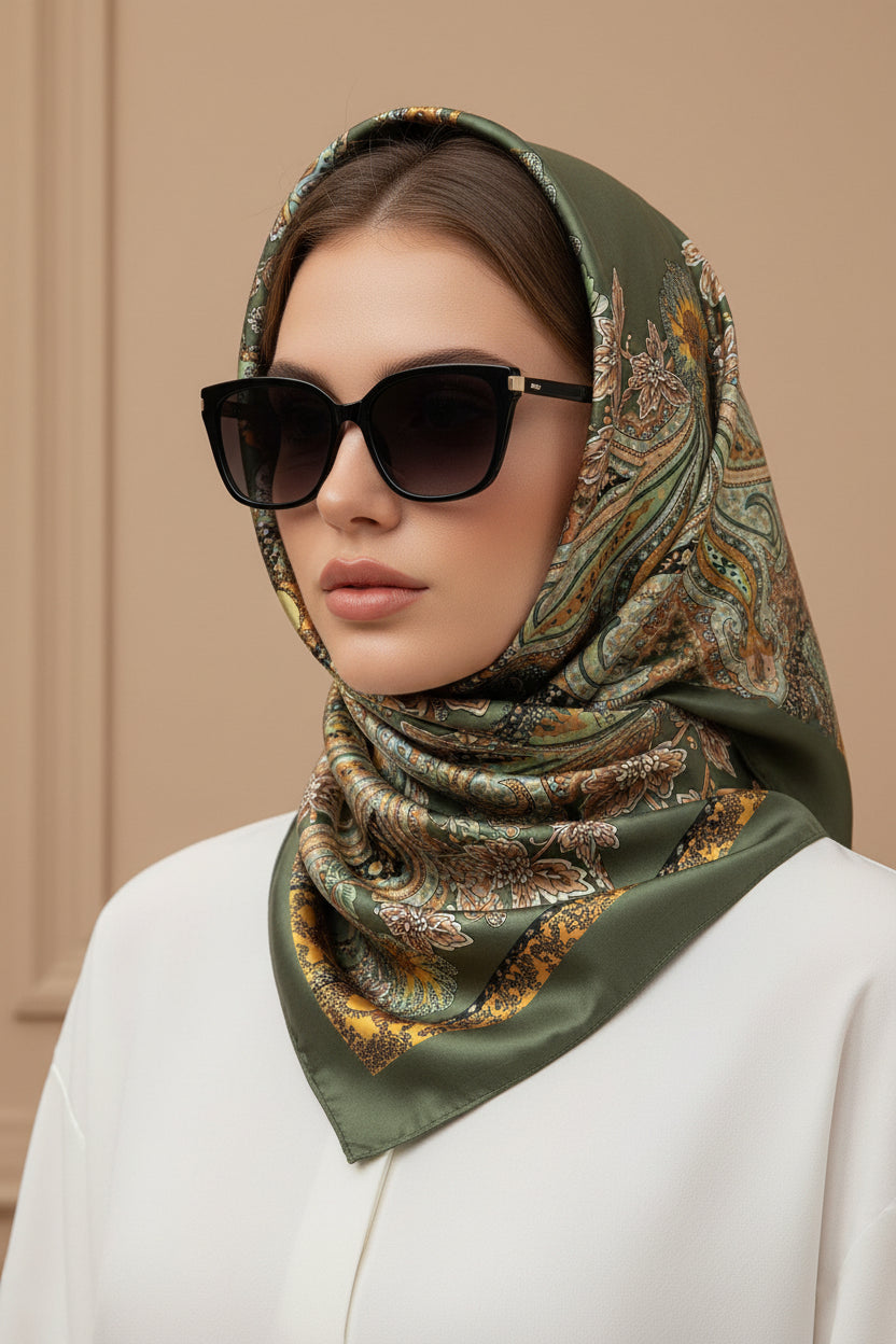 A woman wearing a sage green silk-like headscarf with an intricate paisley pattern in gold, brown, and beige, styled with black sunglasses and a white top against a warm beige background.