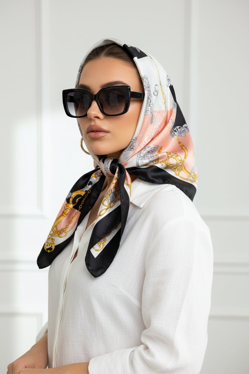 Woman wearing a patterned scarf and sunglasses against a white background