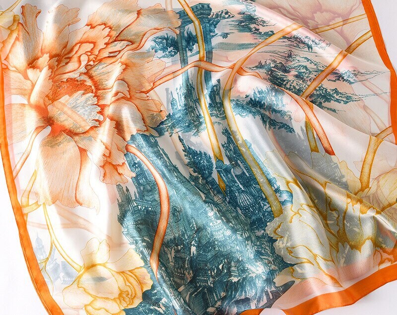 Orange Peony Silk Scarf Women Silk Shawl Infinity Scarf Women Scarves Summer Scarf Mothers Day Gift for Her Personalized Gift for Women